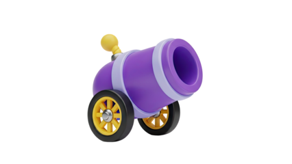 3D cartoon cannon with wheels and yellow fuse on transparent background