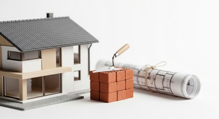 Modern architectural model house with a grey pitched roof and wooden accents.