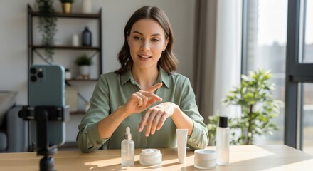 Beauty influencer recording a skincare video tutorial using a smartphone mounted on a tripod at home.