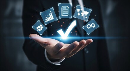 Businessman's hand in a dark suit holding a glowing white virtual checkmark symbol hovering above the palm.