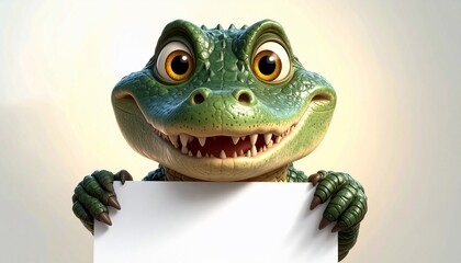 Friendly, cartoon alligator with large eyes and a toothy grin, holding a blank white sign