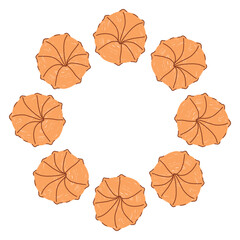 Hand drawn circular cookie frame in a simple doodle style, featuring cute baked shapes arranged in a soft, cozy wreath on a white background. Perfect for festive designs, labels, sweet themed branding