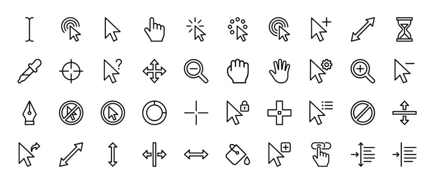User interface cursor line icon set. Vector pictograms of arrow pointer, mouse click, hand, hourglass, text beam, crosshair, resize, zoom, move, thin outline illustration.