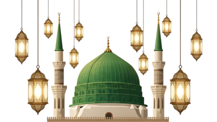Islamic Mosque Dome and Minarets with Hanging Lanterns Against Black Background architecture green isolated on a transparent background