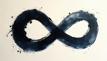 Dark blue ink brush strokes form infinity symbol shape with scattered ink spots on light beige paper. Abstract art design represents endlessness continuity forever possibility.