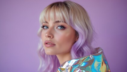 Young woman with blonde, purple hair, radiant makeup, wearing iridescent foil jacket against purple background. She poses with smooth skin, bright eyes, embodying modern beauty, style for fashion ads.