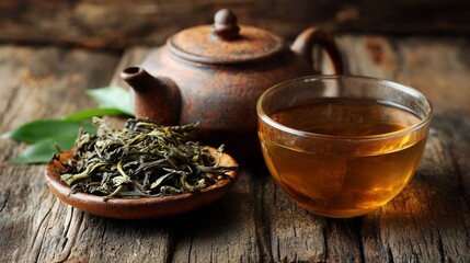 Rustic tea ceremony scene with aged clay teapot, freshly brewed golden tea, and scattered green tea leaves on wooden surface showcasing traditional brewing artistry