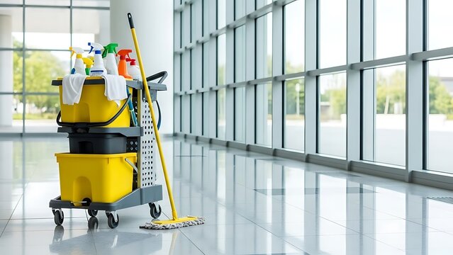 Janitorial Cleaning Equipment in Modern Office Hallway Interior, Maintenance Cart and Mop, Bright Natural Light, Wide-Angle View