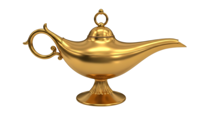 Ornate golden genie lamp with a curved handle and a round lid on black background magic lamp aladdin isolated on a transparent background