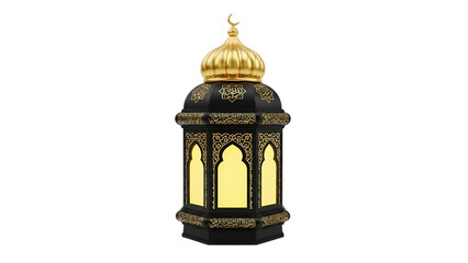Obraz premium Ornate Black and Gold Islamic Lantern with Arabic Calligraphy on Black Background Ramadan lantern Fanoos isolated on a transparent background