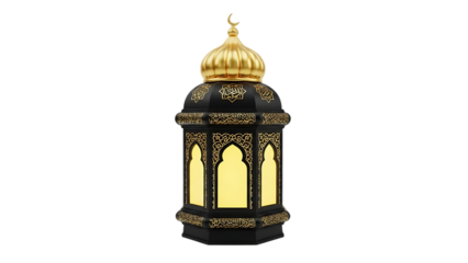 Ornate Black and Gold Islamic Lantern with Arabic Calligraphy on Black Background Ramadan lantern Fanoos isolated on a transparent background