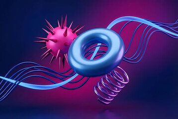 Abstract 3D rendering of geometric shapes including a blue torus, pink spiky sphere, and purple spring with flowing lines.