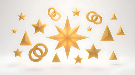 Golden 3D abstract shapes including stars, rings, and pyramids floating on a light background, creating a festive and celebratory design.