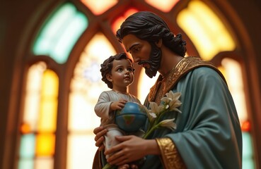 Saint Joseph gazes at baby Jesus holding small globe, lilies near. Figures stand in church with stained glass window. Religious catholic devotional image symbolizes world peace and protection. © Viktor