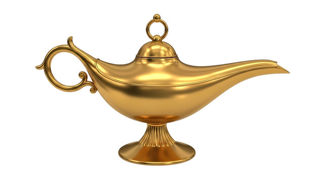 Ornate golden genie lamp with a curved handle and a round lid on black background magic lamp aladdin isolated on a transparent background