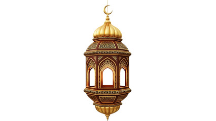Fototapeta premium Ornate Islamic Lantern with Crescent Moon Detail Hanging on Black Background Keywords: Islamic lantern, Ramadan lantern, Fanoos, Fanoos lantern isolated on a transparent background