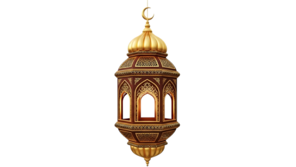 Ornate Islamic Lantern with Crescent Moon Detail Hanging on Black Background Keywords: Islamic lantern, Ramadan lantern, Fanoos, Fanoos lantern isolated on a transparent background