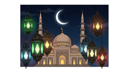 Ramadan Night Scene with Mosque and Colorful Hanging Lanterns Under Crescent Moon Islamic Muslim isolated on a transparent background