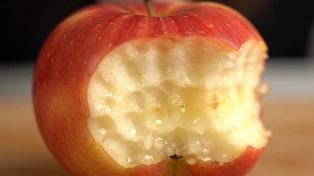 Close-up of a red apple with several bite marks showing.
