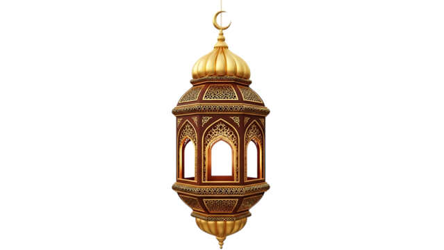 Ornate Islamic Lantern with Crescent Moon Detail Hanging on Black Background Keywords: Islamic lantern, Ramadan lantern, Fanoos, Fanoos lantern isolated on a transparent background - Powered by Adobe