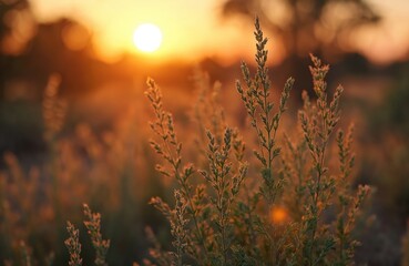 Obraz premium Wild grass and bush plants grow in outback. Golden sun sets behind vegetation. Warm sunset light illuminates dry landscape. Peaceful nature scene.