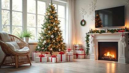 Cozy living room with Christmas tree, fireplace, and gifts. Wicker chair offers a comfortable spot for relaxation. Festive decor creates a warm holiday ambiance.