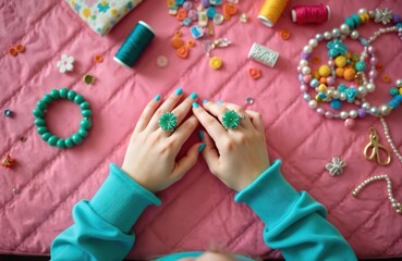 Young girl wears handmade flower rings and turquoise bracelet. Crafting supplies like thread beads and scissors surround her hands, showing creative hobby indoors. She enjoys her new jewelry.