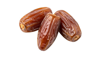 Obraz premium Three Ripe Medjool Dates with Wrinkled Skin on a Black Background dried fruit isolated on a transparent background