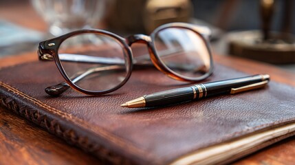Vintage leather journal with classic tortoiseshell reading glasses and elegant ballpoint pen resting on rustic wooden surface, capturing timeless writing essentials