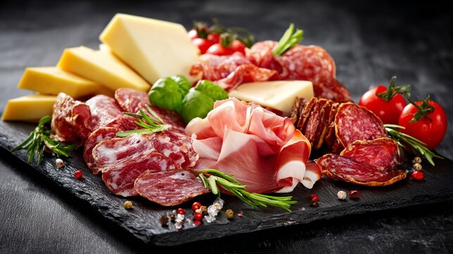 Gourmet charcuterie board with fine cold cuts, aged cheese, fresh herbs, and cherry tomatoes artfully arranged on a dark slate serving platter - Powered by Adobe