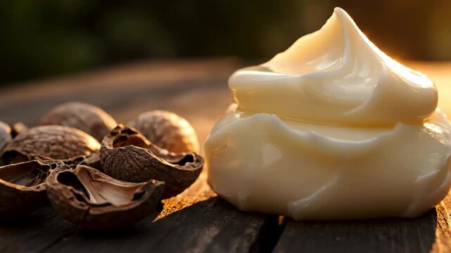 Cinematic wide shot showcasing the cracked natural shea nut shells next to a perfectly formed mound of creamy butter during a soft, warm golden hour illumination shea, hour, harvest