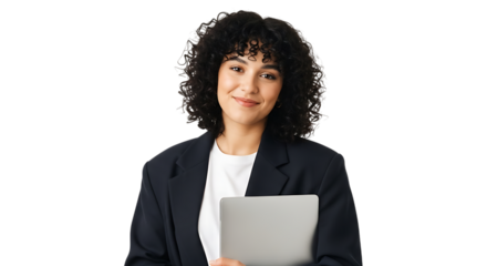 Young woman with curly dark hair holding a laptop wearing a dark suit and white t-shirt Keywords: woman, business, professional, curly hair, laptop isolated on a transparent background