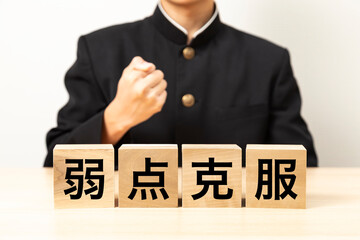 「弱点克服」と書かれたブロックとガッツポーズをする男子学生