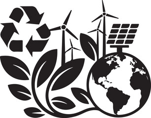 Ecological energy symbols with solar panel wind turbines planet earth and green leaves