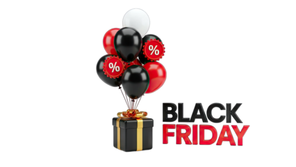 3D Black Friday Sale Concept with Gift Box and Balloons on transparent background