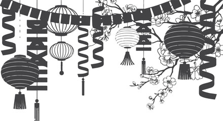 Lunar new year festive background with hanging lanterns paper streamers and cherry blossom