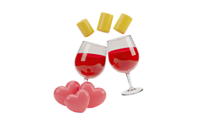 3D Celebration with Red Wine and Hearts on transparent background