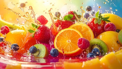 Vibrant medley of fresh fruits, glistening with liquid, captured in a moment of dynamic splash and radiant rainbow hues