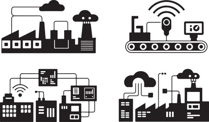 Smart factory industry automation icons with robotic assembly lines and cloud computing