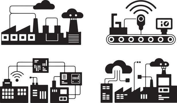 Smart factory industry automation icons with robotic assembly lines and cloud computing - Powered by Adobe