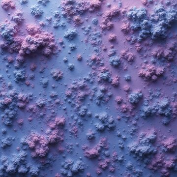 Abstract 3D texture with pink and blue bumpy growths on a smooth surface. This seamless pattern has a soft, matte finish, resembling alien terrain or textured fabric for digital art.