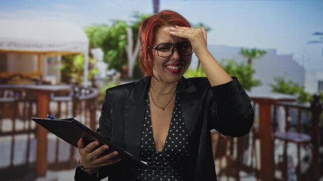 Woman holding clipboard with hand to forehead in restaurant terrace outdoors, smiling wryly at notes; embarrassment minor mistake.