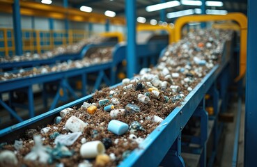 Waste, debris move along blue conveyor belt system within recycling plant. Various materials sorted, processed on continuous loop. Industrial machinery operates, transforming refuse into reusable