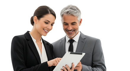 Business man and woman looking at a tablet together and smiling couple team isolated on a transparent background