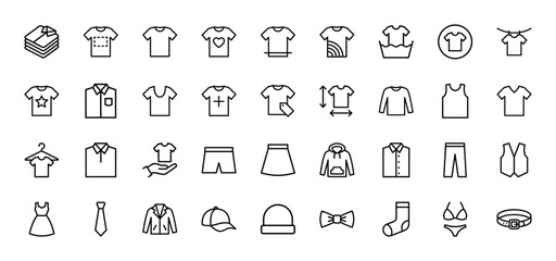Fototapeta premium Clothing and fashion apparel line icon set. Vector pictograms of shirt, dress, jacket, hoodie, pants, skirt, shorts, sock, tie and accessories, thin outline illustration.