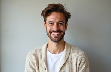Fototapeta premium Young middle eastern man smiles warmly wearing beige cardigan over white t-shirt. Casual portrait captures contented guy, 20s, indoors. Minimalist backdrop for lifestyle concepts.