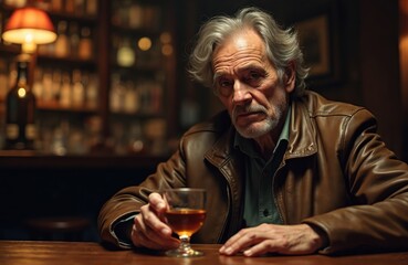 Elderly man sits alone at bar holding glass of amber liquor. He wears a brown leather jacket, his face shows deep thought and melancholy. Background shows a shelf with bottles and a lamp.