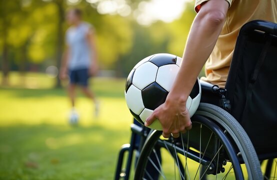 Person in wheelchair holds soccer ball, playing with friend in park. Active disabled man enjoys sport recreation with buddy outdoors on green grass field.