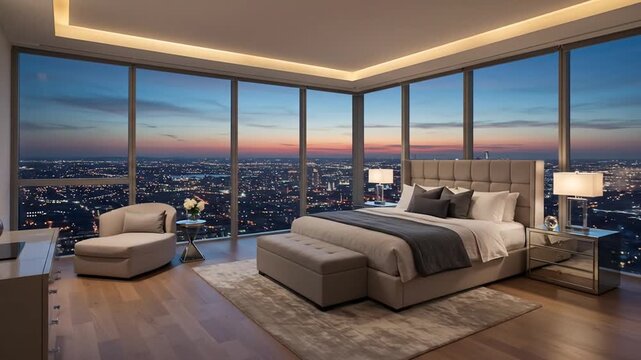 Luxury bedroom suite boasts expansive city views at twilight, framed by floor-to-ceiling windows