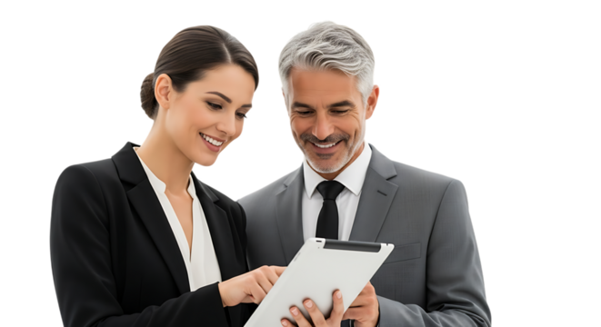 Business man and woman looking at a tablet together and smiling couple team isolated on a transparent background - Powered by Adobe